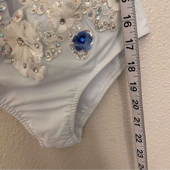 Glamour dance costume leotard white blue embellished rhinestone lace child XLC - Picture 10 of 13